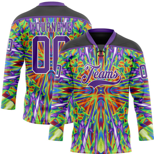 Custom Black Purple Green Orange-White Trippy Psychedelic Geometric Hockey Lace Neck Jersey - Main View