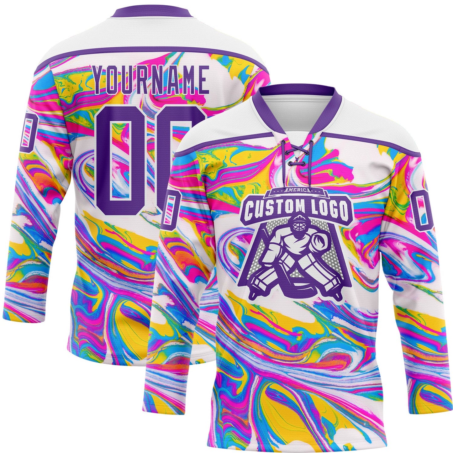 Custom White Purple Yellow Pink-Blue Trippy Psychedelic Fluid Hockey Lace Neck Jersey view 2