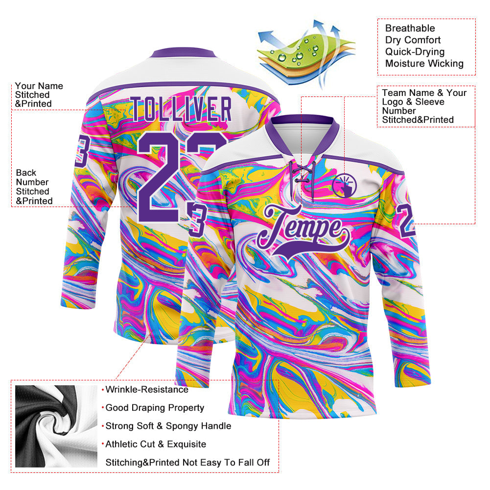 Custom White Purple Yellow Pink-Blue Trippy Psychedelic Fluid Hockey Lace Neck Jersey view 5
