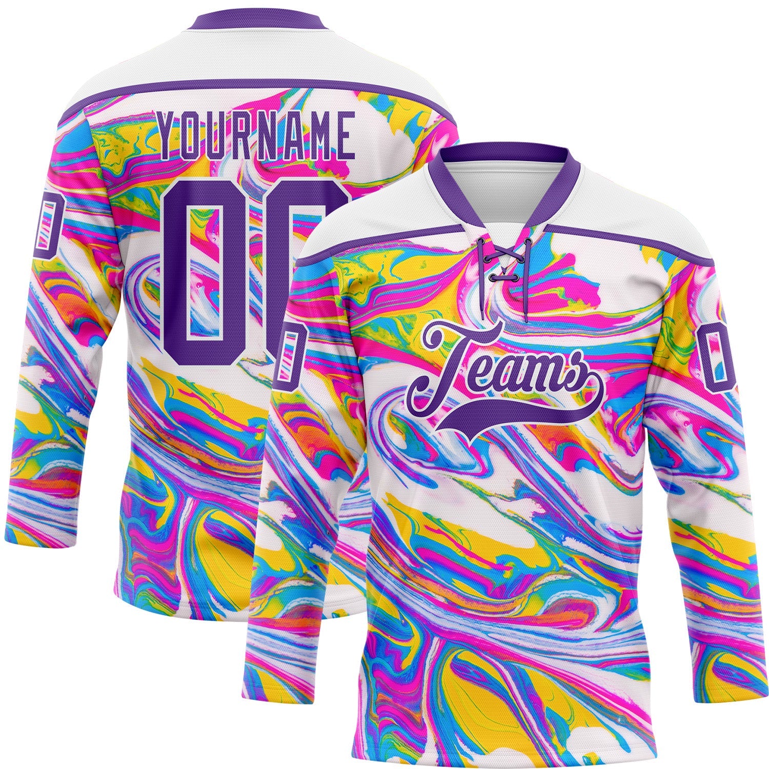 Custom White Purple Yellow Pink-Blue Trippy Psychedelic Fluid Hockey Lace Neck Jersey - Main View