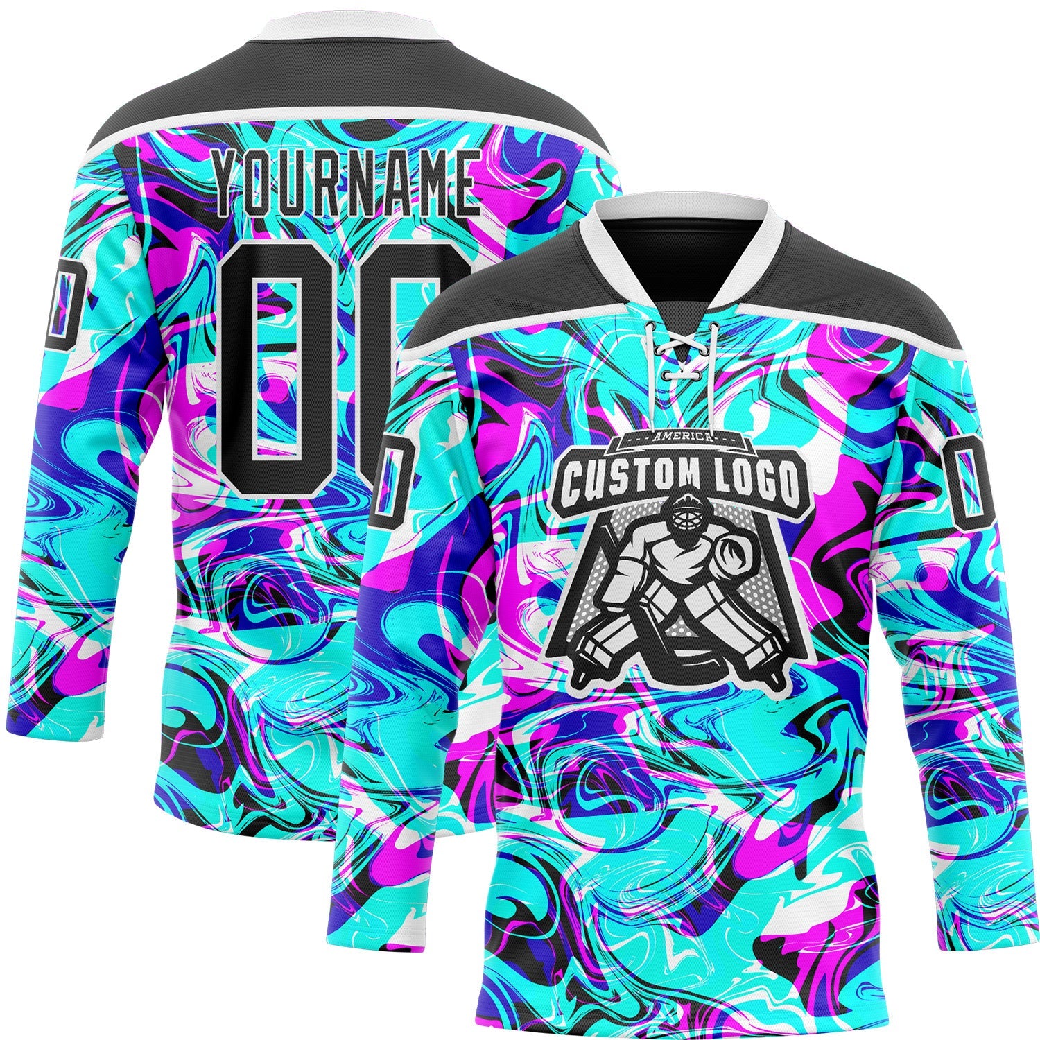 Custom Blue Black Deep Pink-White Trippy Psychedelic Fluid Hockey Lace Neck Jersey view 2