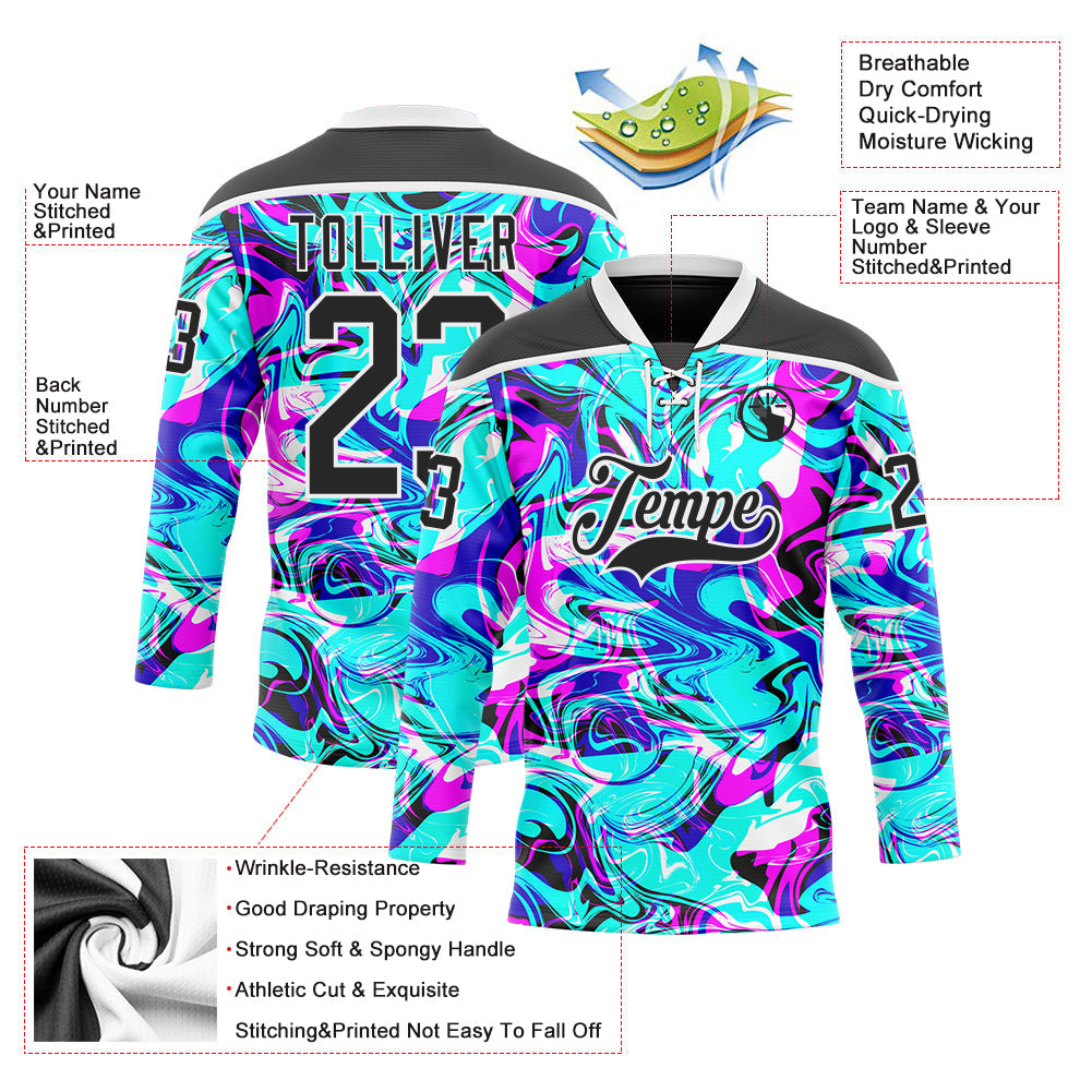 Custom Blue Black Deep Pink-White Trippy Psychedelic Fluid Hockey Lace Neck Jersey view 5