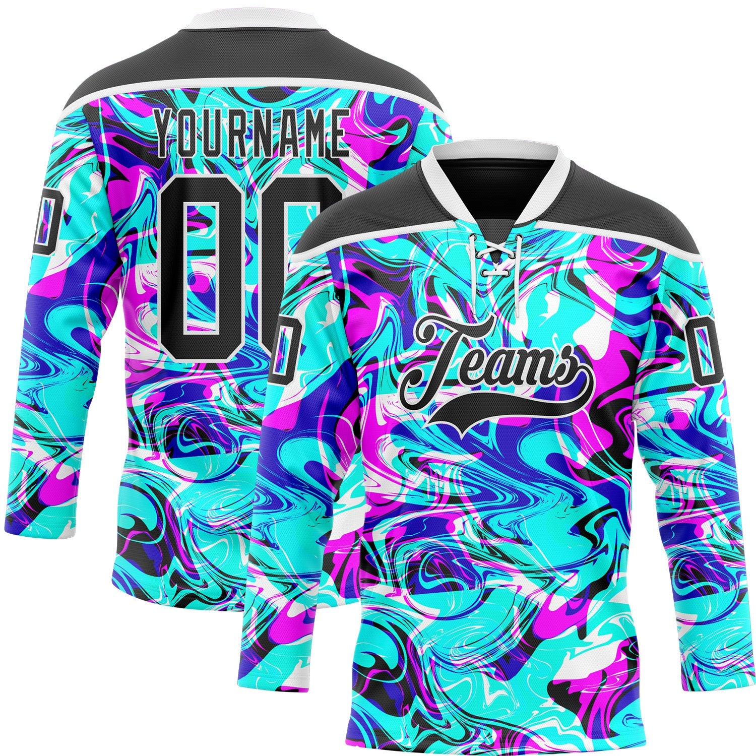 Custom Blue Black Deep Pink-White Trippy Psychedelic Fluid Hockey Lace Neck Jersey - Main View