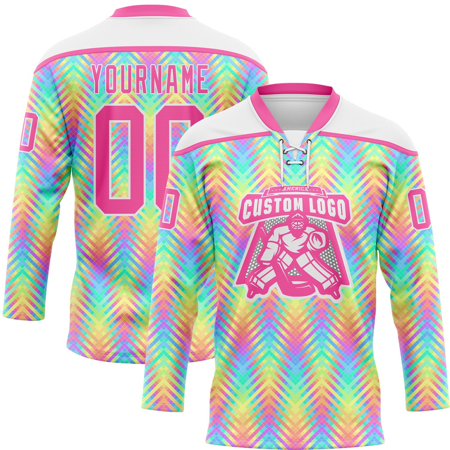 Custom White Pink Green Yellow-Purple Trippy Psychedelic Neon Hockey Lace Neck Jersey view 2