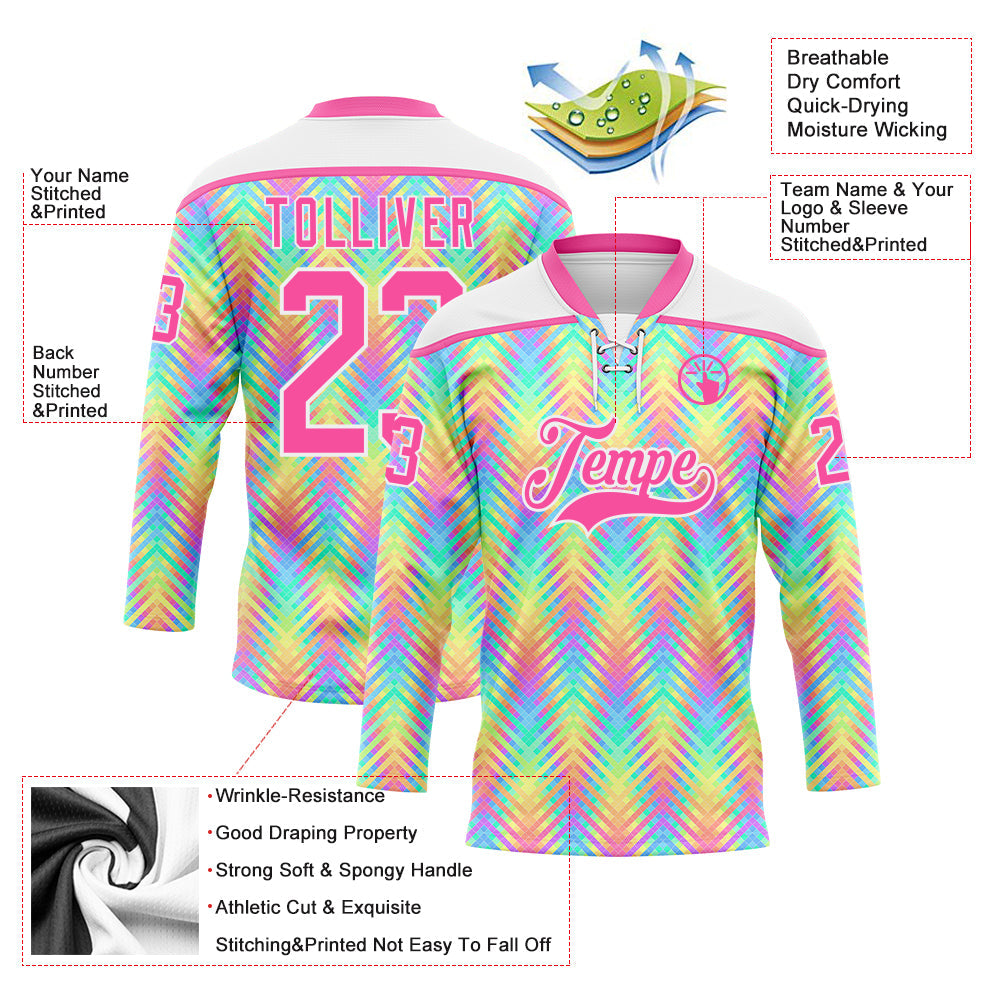 Custom White Pink Green Yellow-Purple Trippy Psychedelic Neon Hockey Lace Neck Jersey view 5