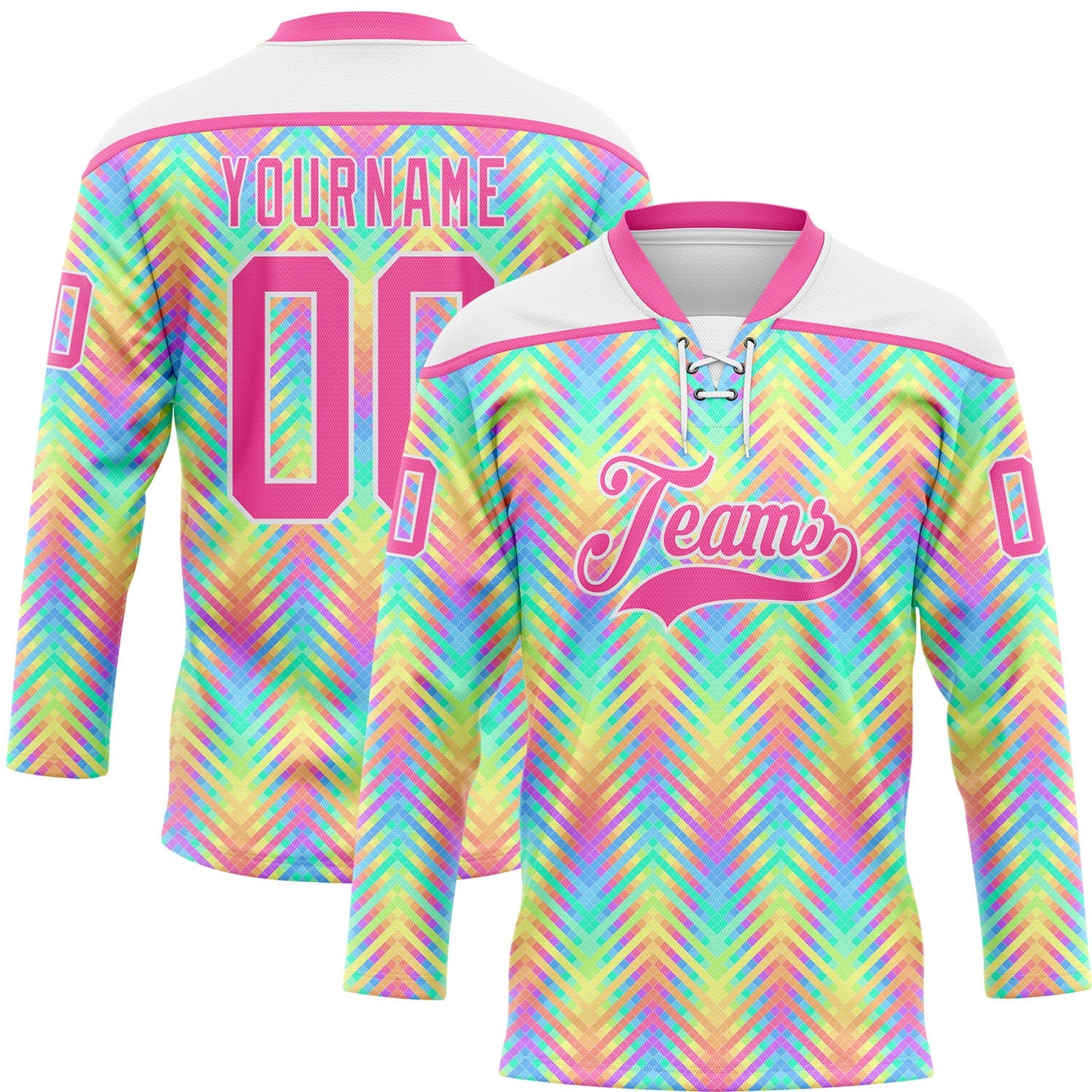 Custom White Pink Green Yellow-Purple Trippy Psychedelic Neon Hockey Lace Neck Jersey - Main View