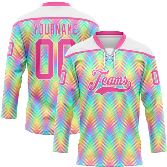 Custom White Pink Green Yellow-Purple Trippy Psychedelic Neon Hockey Lace Neck Jersey - Main View