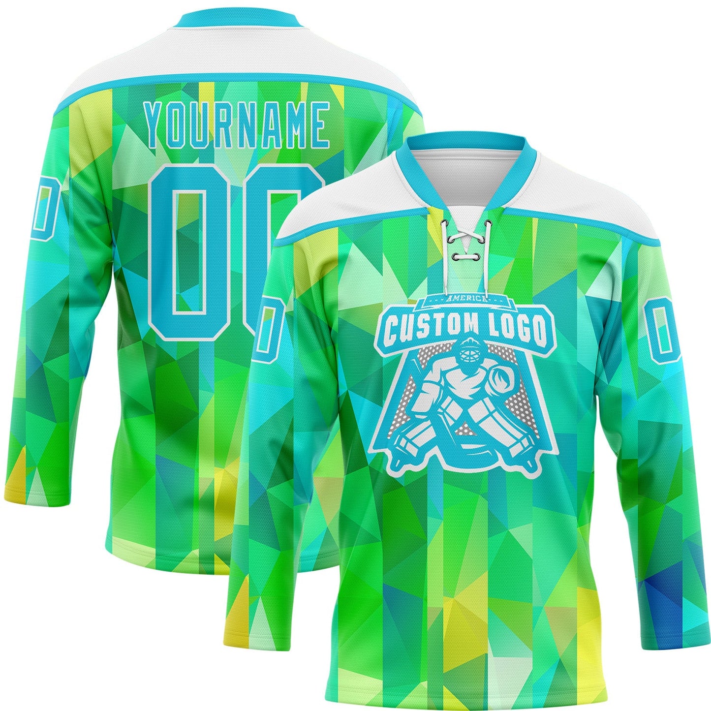 Custom Green Lakes Blue-White Trippy Psychedelic Geometric Hockey Lace Neck Jersey view 2
