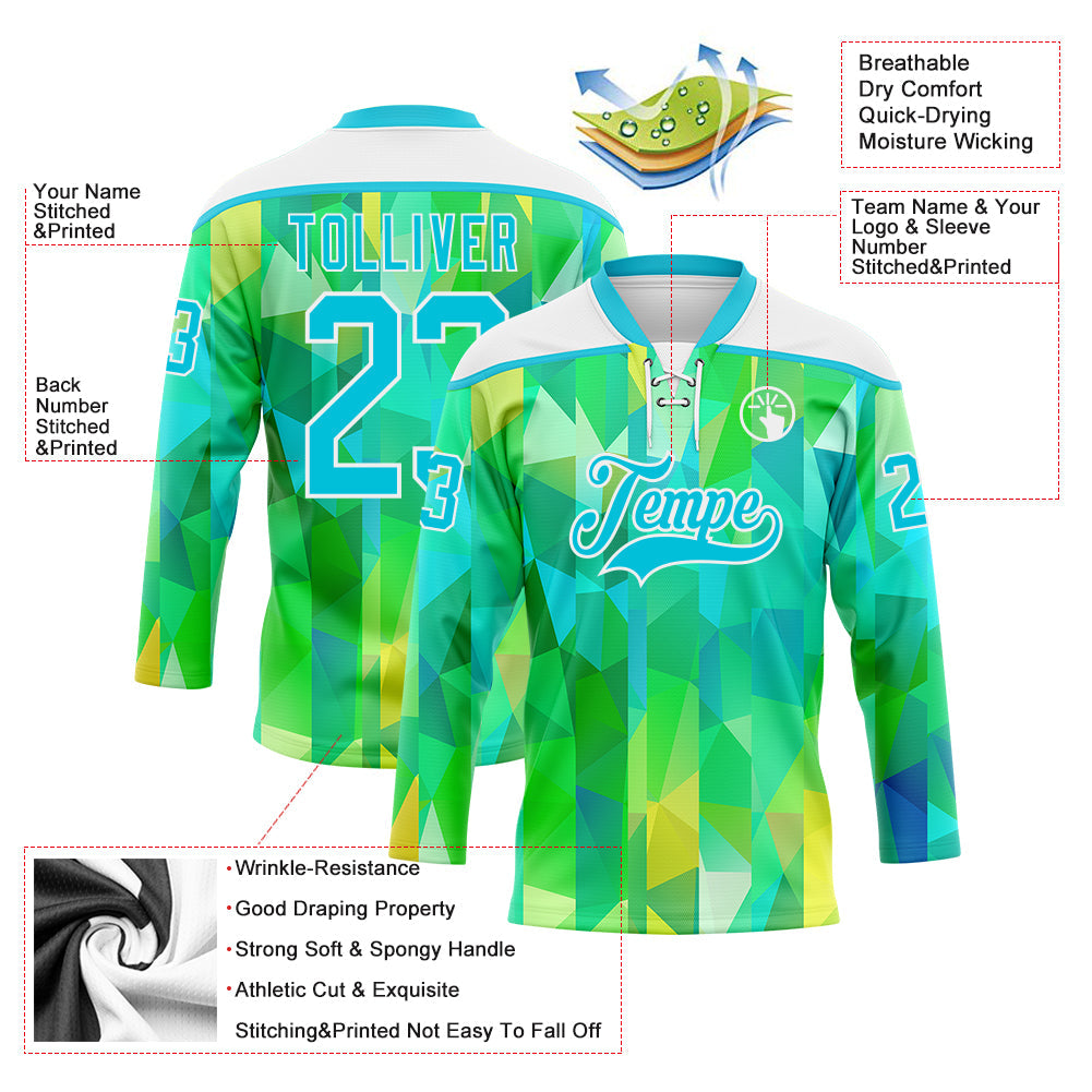 Custom Green Lakes Blue-White Trippy Psychedelic Geometric Hockey Lace Neck Jersey view 5