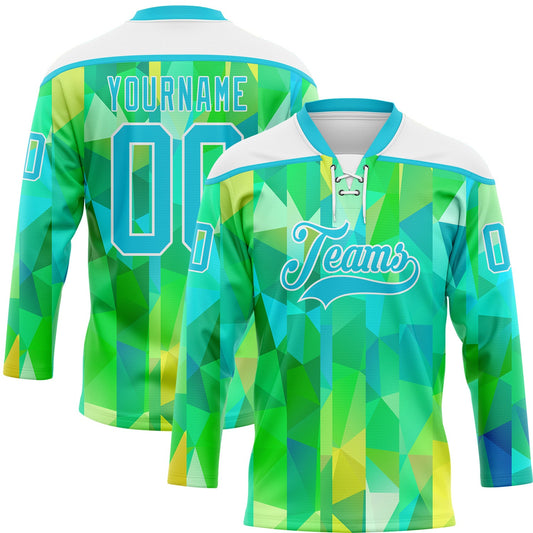 Custom Green Lakes Blue-White Trippy Psychedelic Geometric Hockey Lace Neck Jersey - Main View