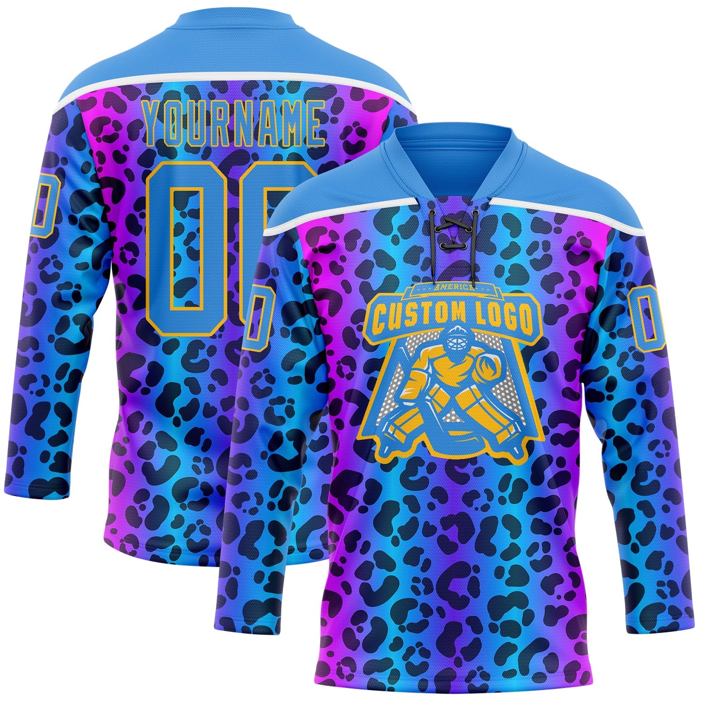 Custom Powder Blue Pink Gold-White Leopard Print Neon Hockey Lace Neck Jersey view 2