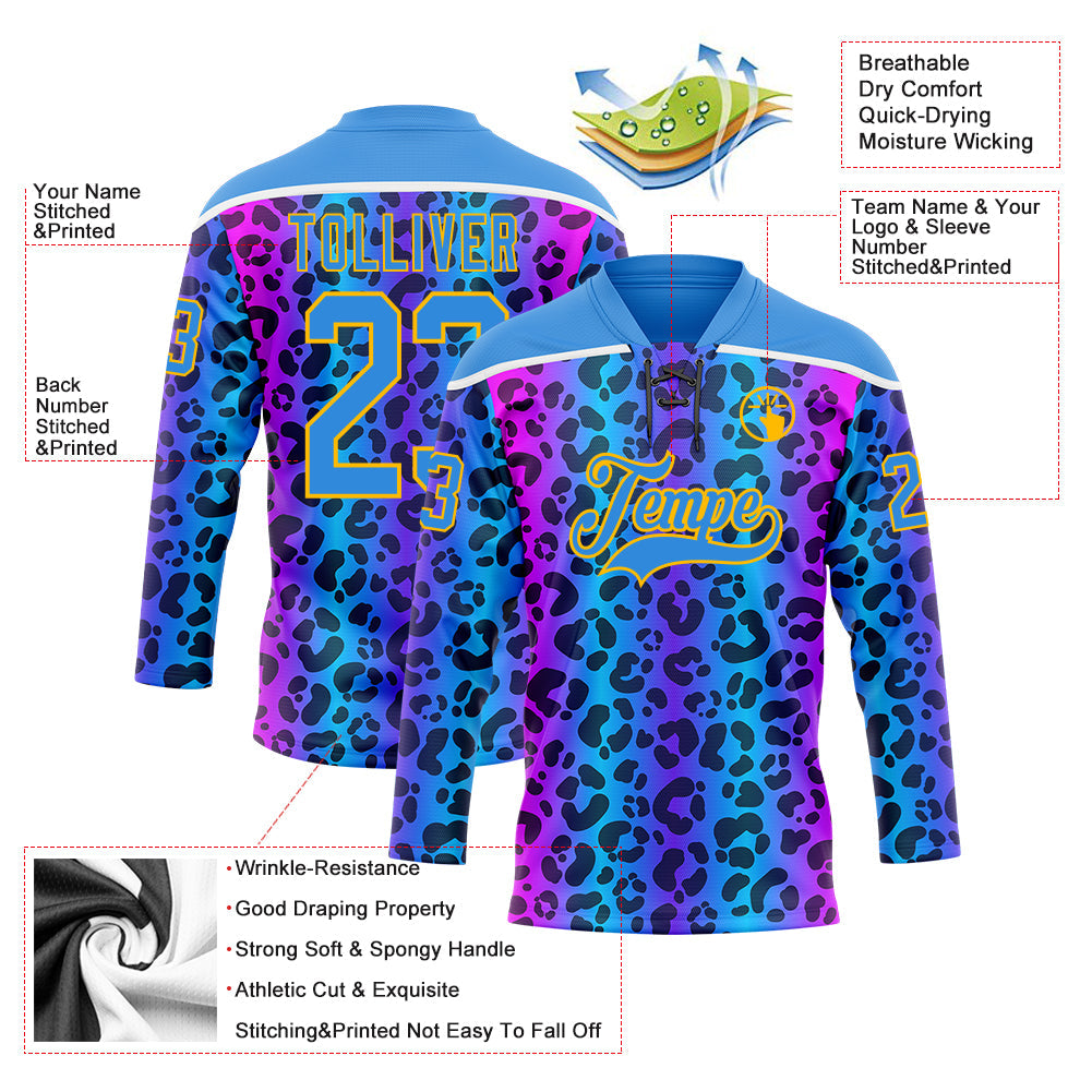 Custom Powder Blue Pink Gold-White Leopard Print Neon Hockey Lace Neck Jersey view 5