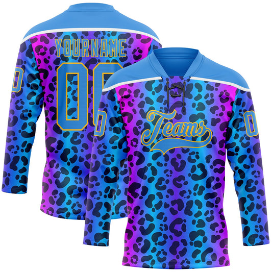 Custom Powder Blue Pink Gold-White Leopard Print Neon Hockey Lace Neck Jersey - Main View