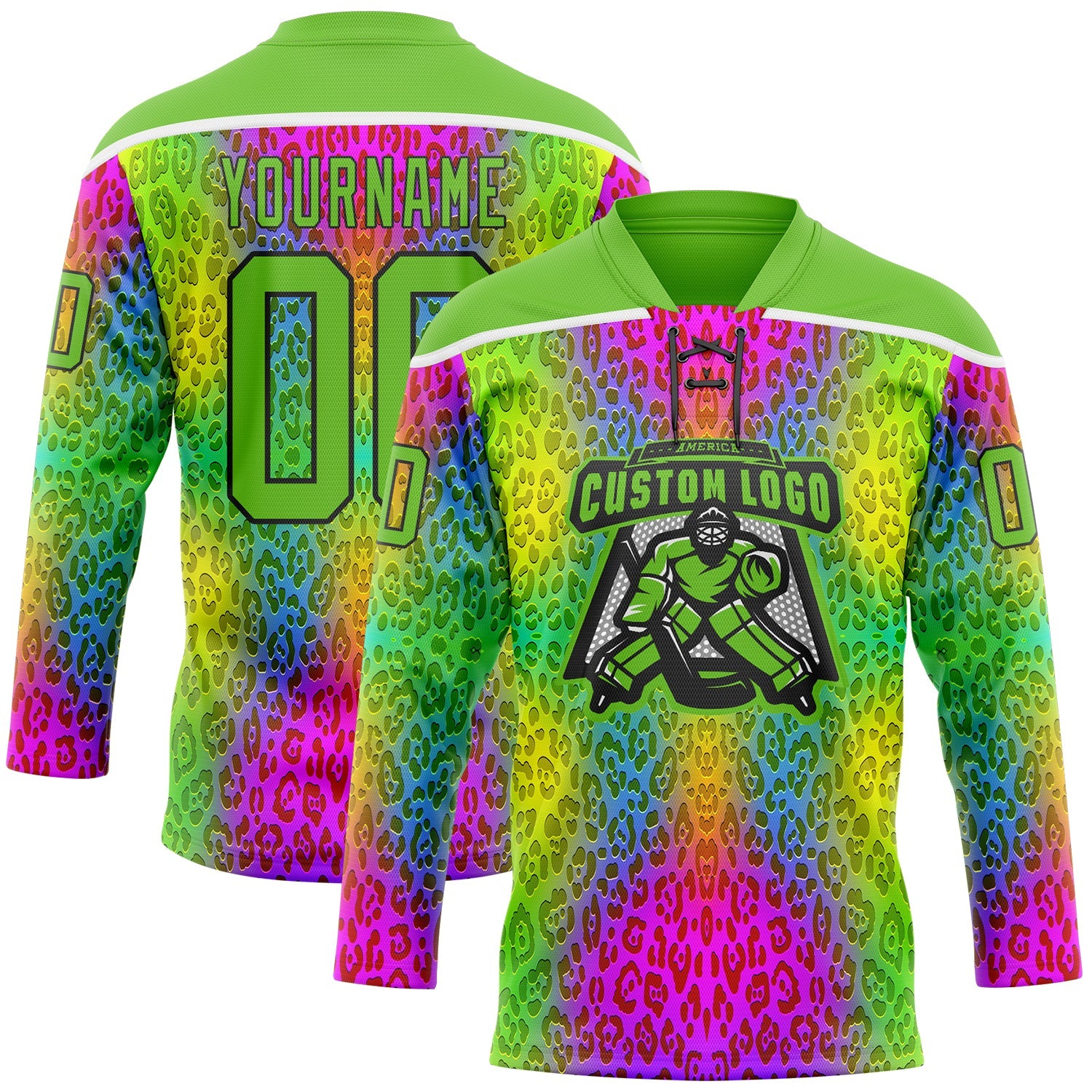 Custom Aurora Green Pink Black-White Leopard Print Neon Hockey Lace Neck Jersey view 2