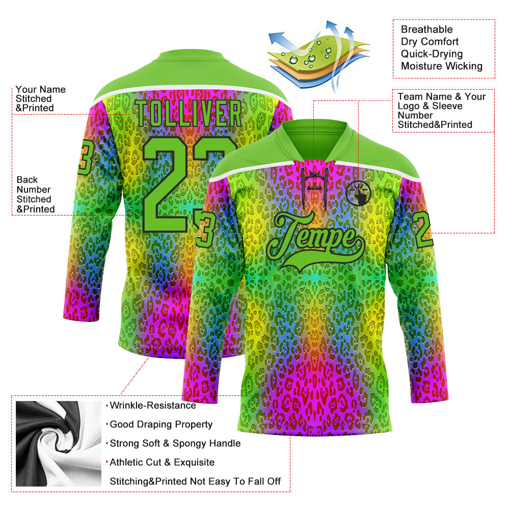 Custom Aurora Green Pink Black-White Leopard Print Neon Hockey Lace Neck Jersey view 5