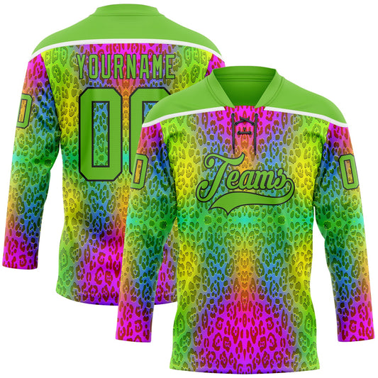 Custom Aurora Green Pink Black-White Leopard Print Neon Hockey Lace Neck Jersey - Main View