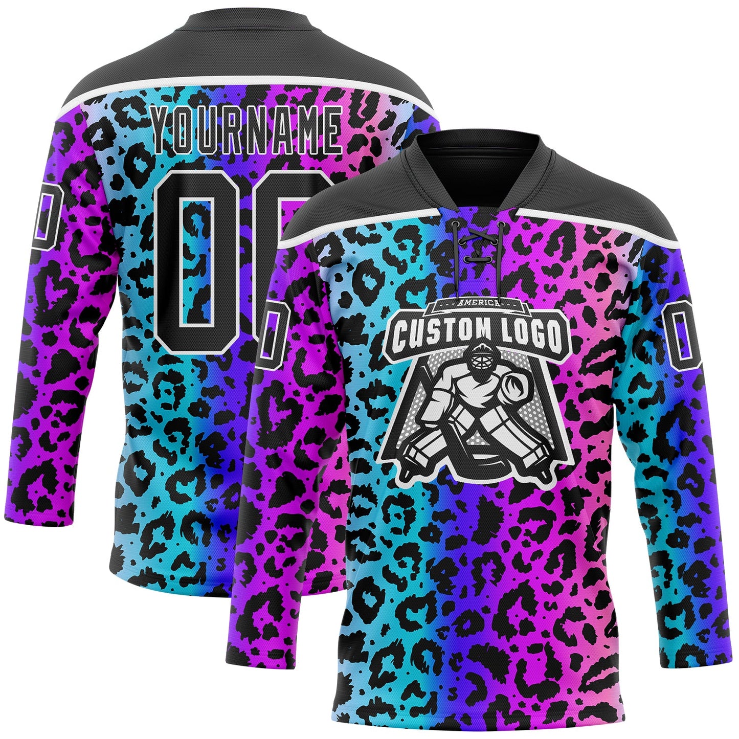 Custom Pink Black Blue-White Leopard Print Neon Hockey Lace Neck Jersey view 2