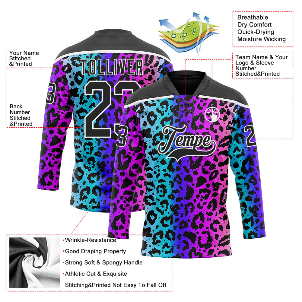Custom Pink Black Blue-White Leopard Print Neon Hockey Lace Neck Jersey view 5