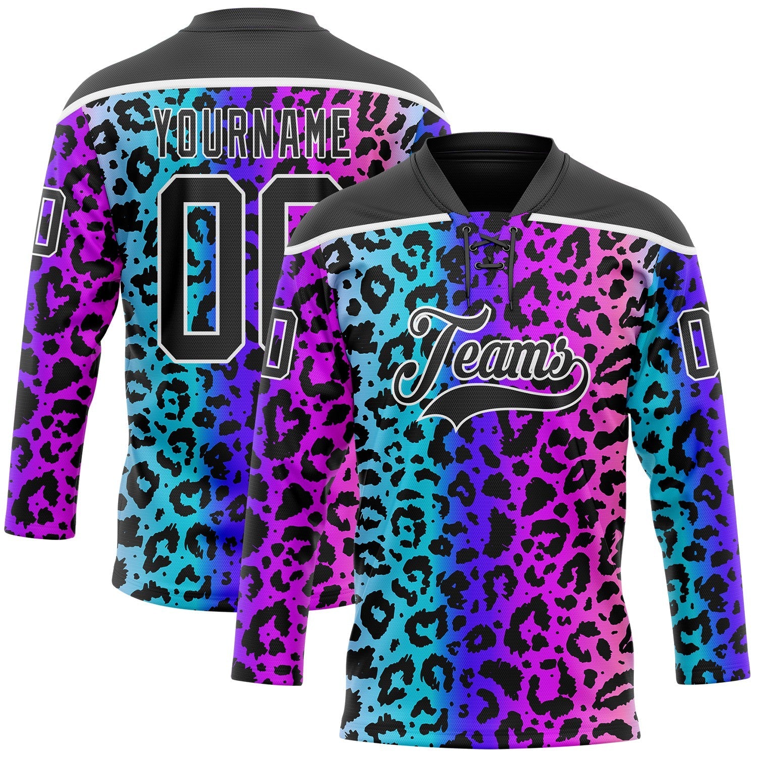 Custom Pink Black Blue-White Leopard Print Neon Hockey Lace Neck Jersey - Main View