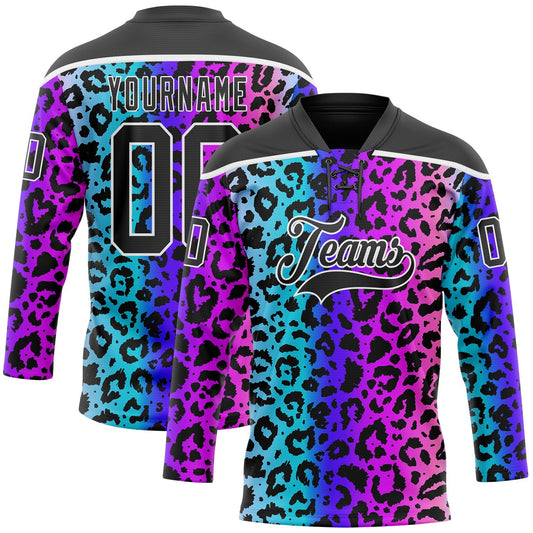 Custom Pink Black Blue-White Leopard Print Neon Hockey Lace Neck Jersey - Main View