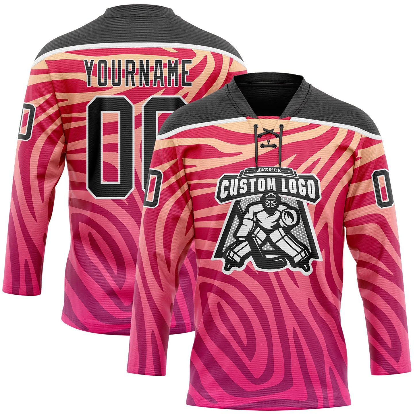 Custom Pink Black-White Zebra Print Hockey Lace Neck Jersey view 2