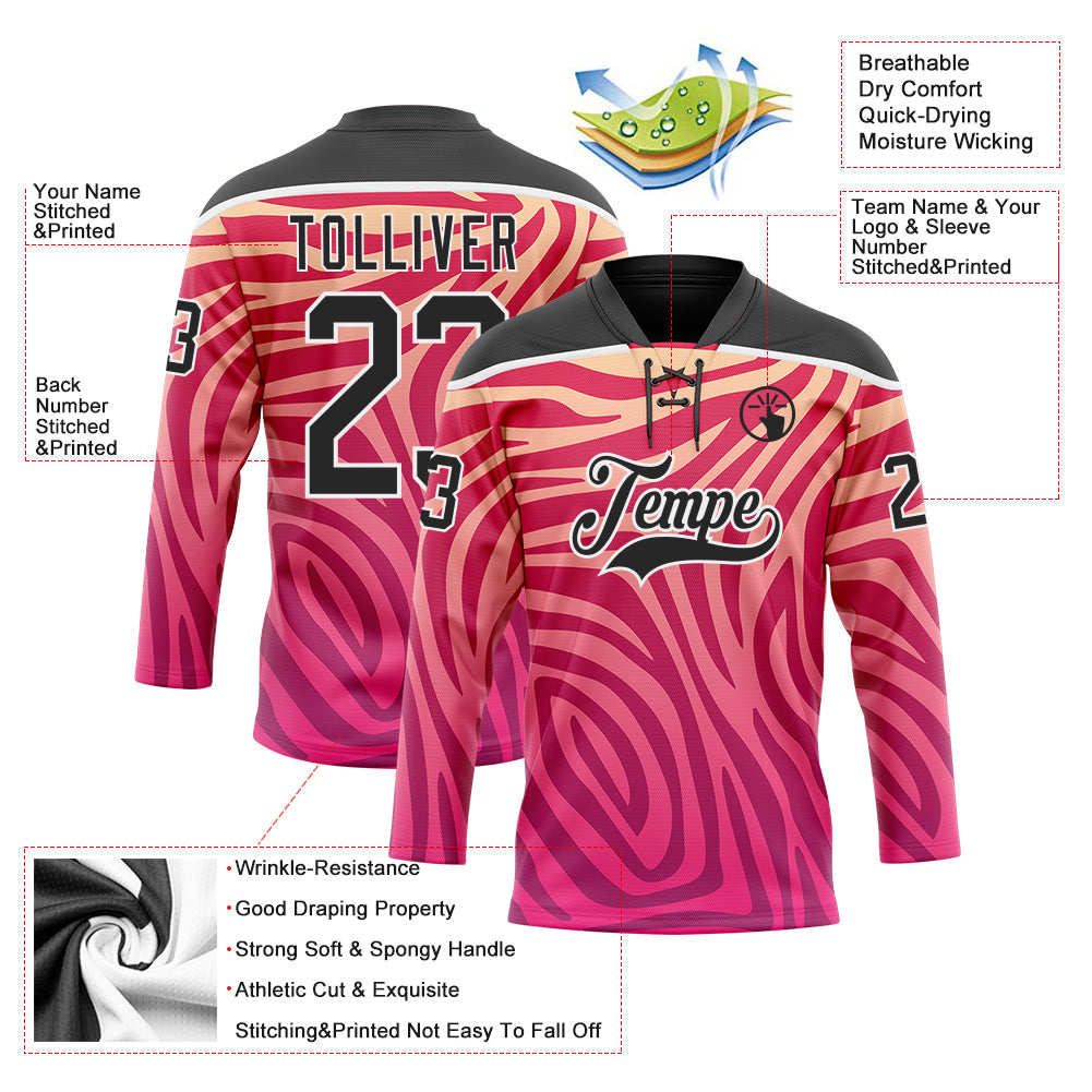 Custom Pink Black-White Zebra Print Hockey Lace Neck Jersey view 5