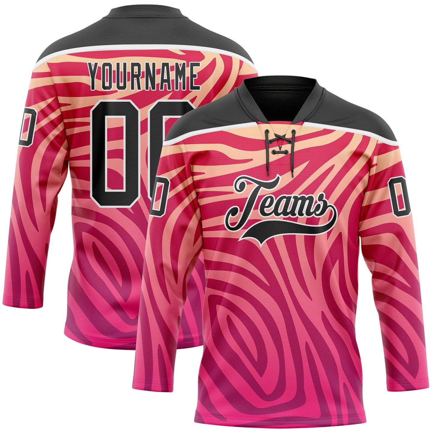 Custom Pink Black-White Zebra Print Hockey Lace Neck Jersey - Main View