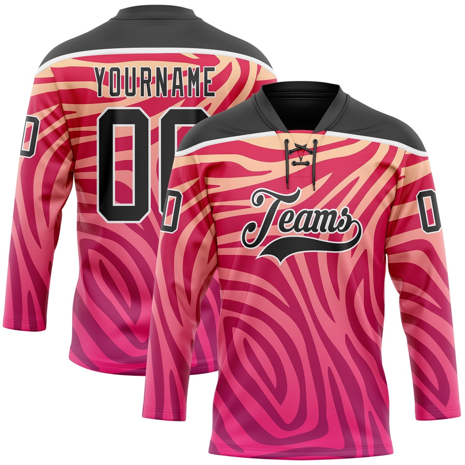 Custom Pink Black-White Zebra Print Hockey Lace Neck Jersey - Main View