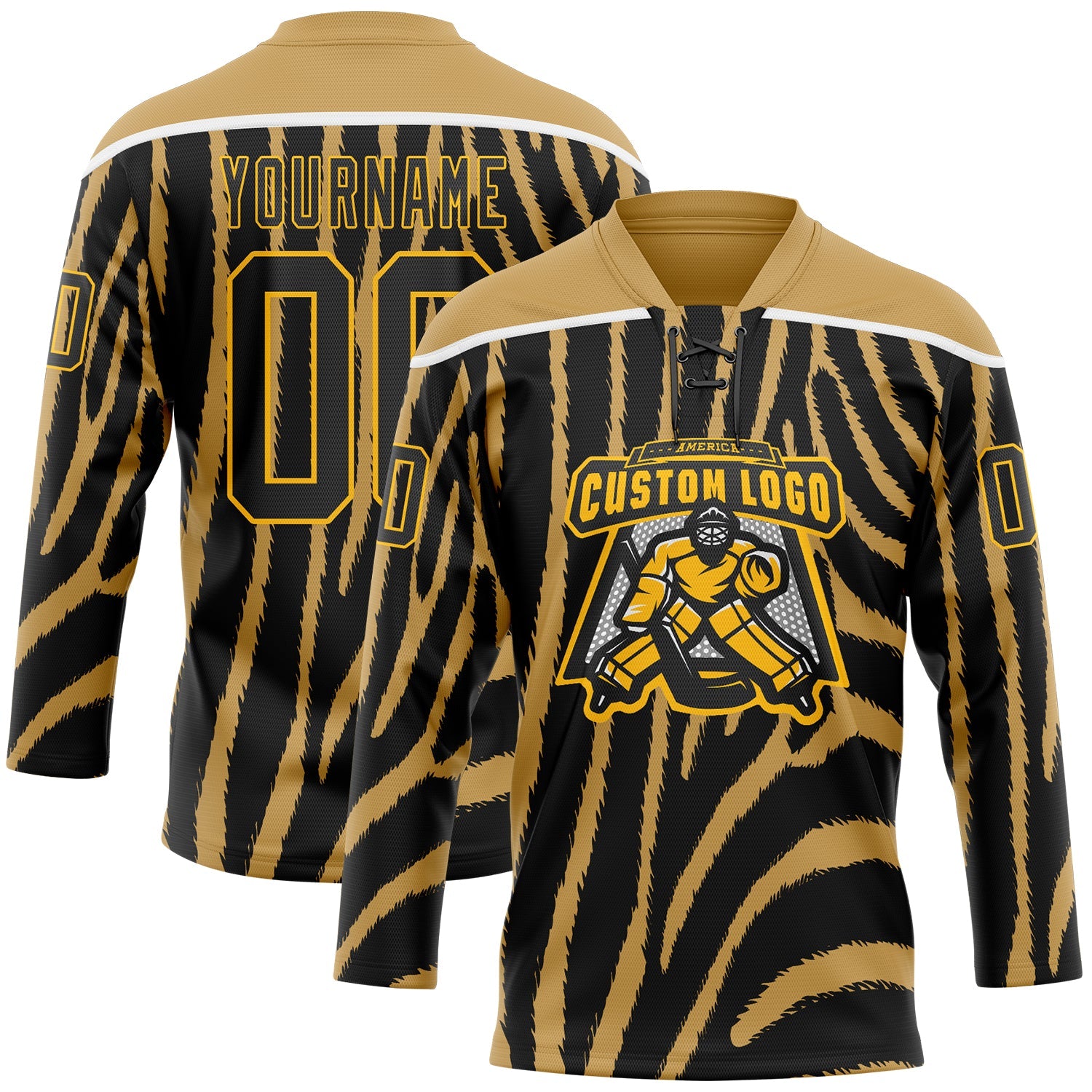 Custom Old Gold Black Gold-White Zebra Print Hockey Lace Neck Jersey view 2