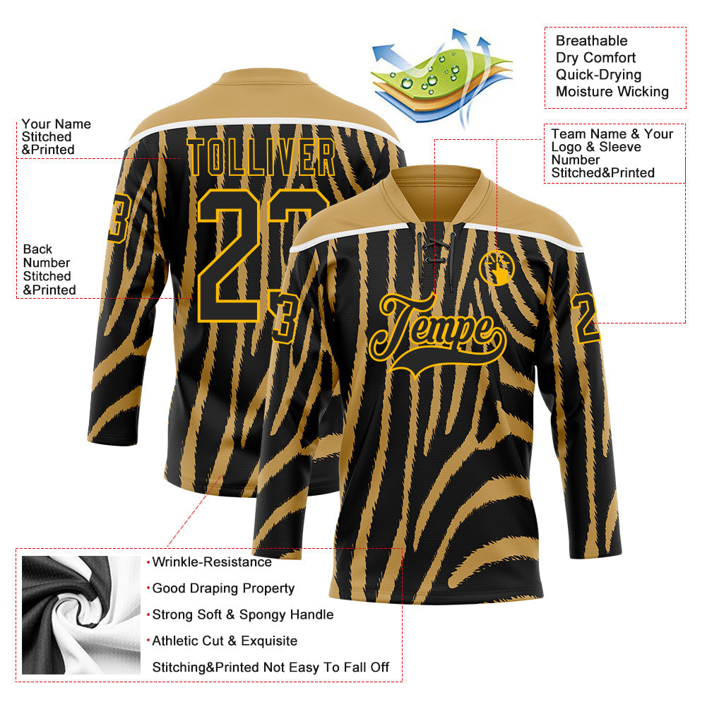 Custom Old Gold Black Gold-White Zebra Print Hockey Lace Neck Jersey view 5