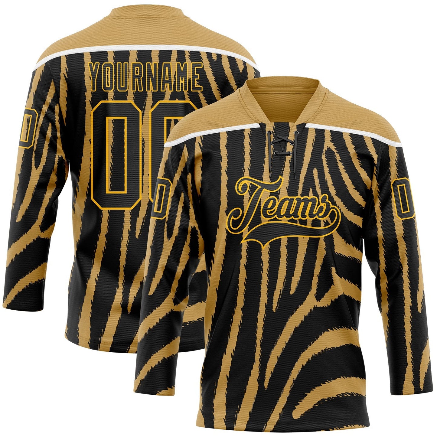 Custom Old Gold Black Gold-White Zebra Print Hockey Lace Neck Jersey - Main View