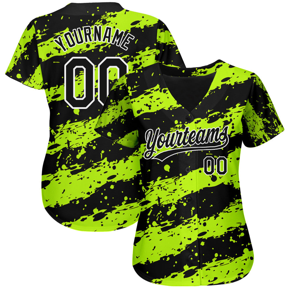 Custom Neon Green Black-White 3D Pattern Design Authentic Baseball Jersey view 2