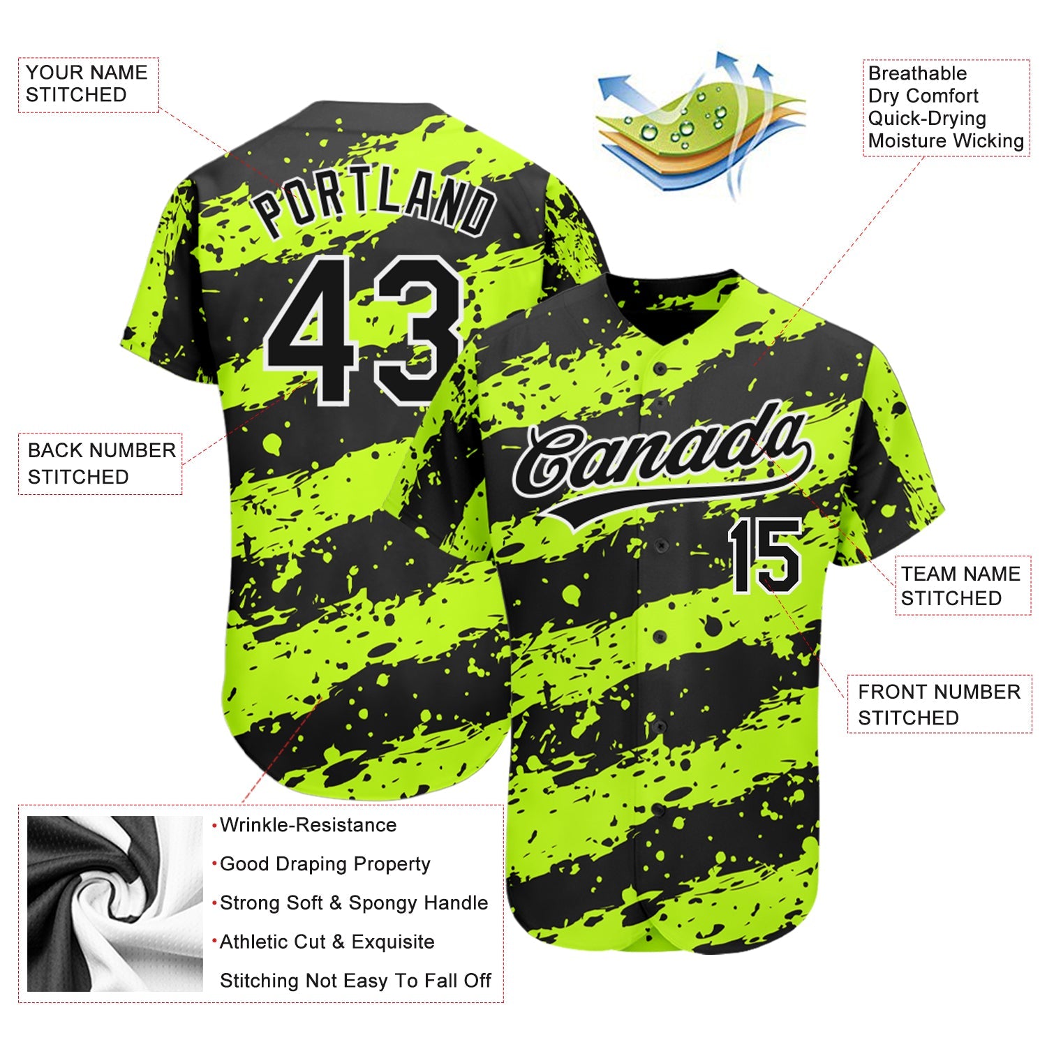 Custom Neon Green Black-White 3D Pattern Design Authentic Baseball Jersey view 3