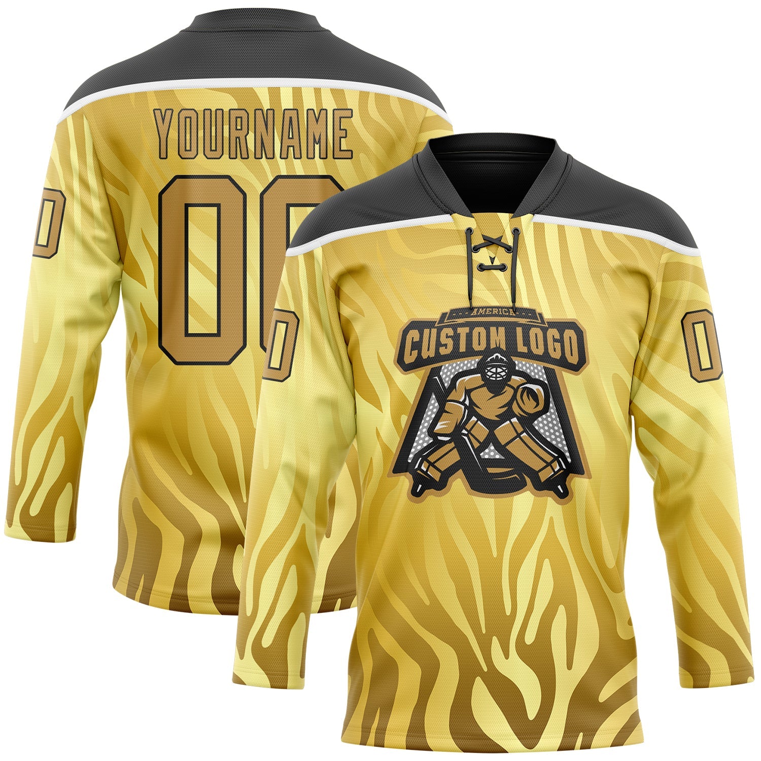 Custom Yellow Old Gold Black-White Zebra Print Hockey Lace Neck Jersey view 2