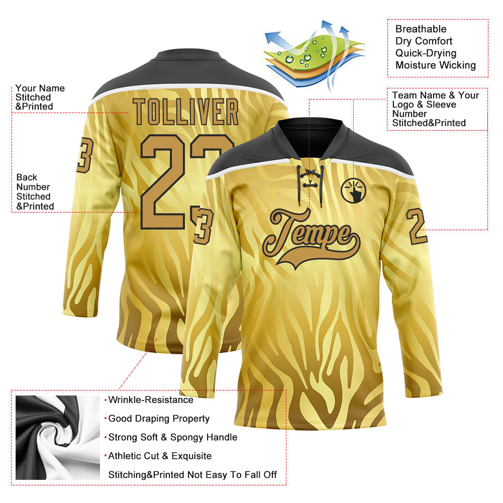 Custom Yellow Old Gold Black-White Zebra Print Hockey Lace Neck Jersey view 5