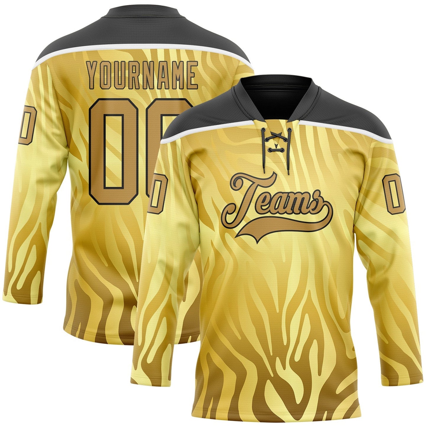 Custom Yellow Old Gold Black-White Zebra Print Hockey Lace Neck Jersey - Main View