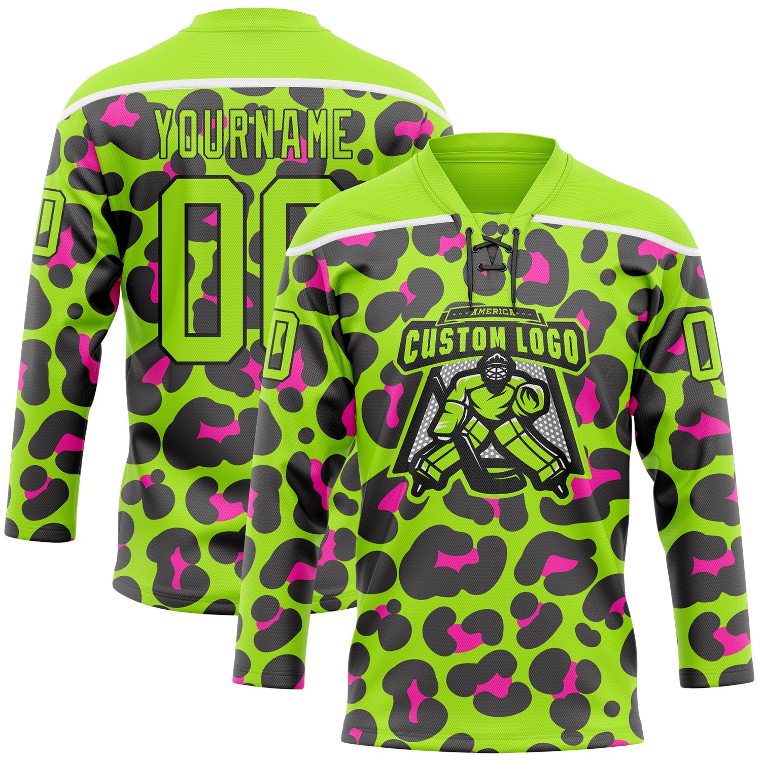 Custom Neon Green Pink Black-White Leopard Print Neon Hockey Lace Neck Jersey view 2