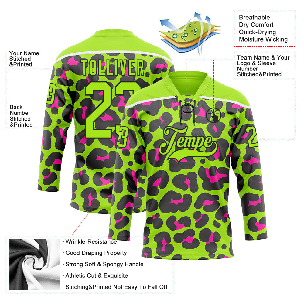 Custom Neon Green Pink Black-White Leopard Print Neon Hockey Lace Neck Jersey view 5