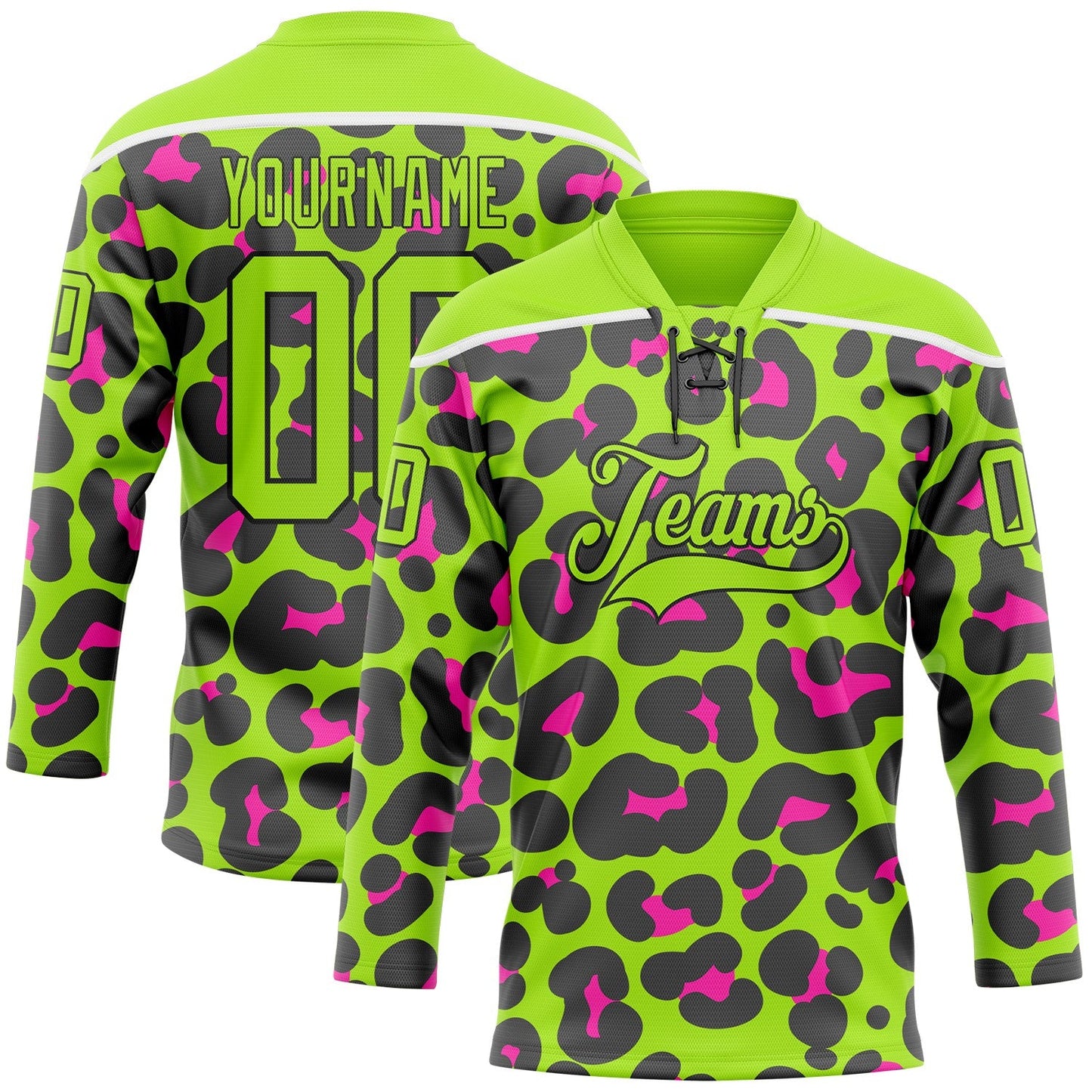Custom Neon Green Pink Black-White Leopard Print Neon Hockey Lace Neck Jersey - Main View