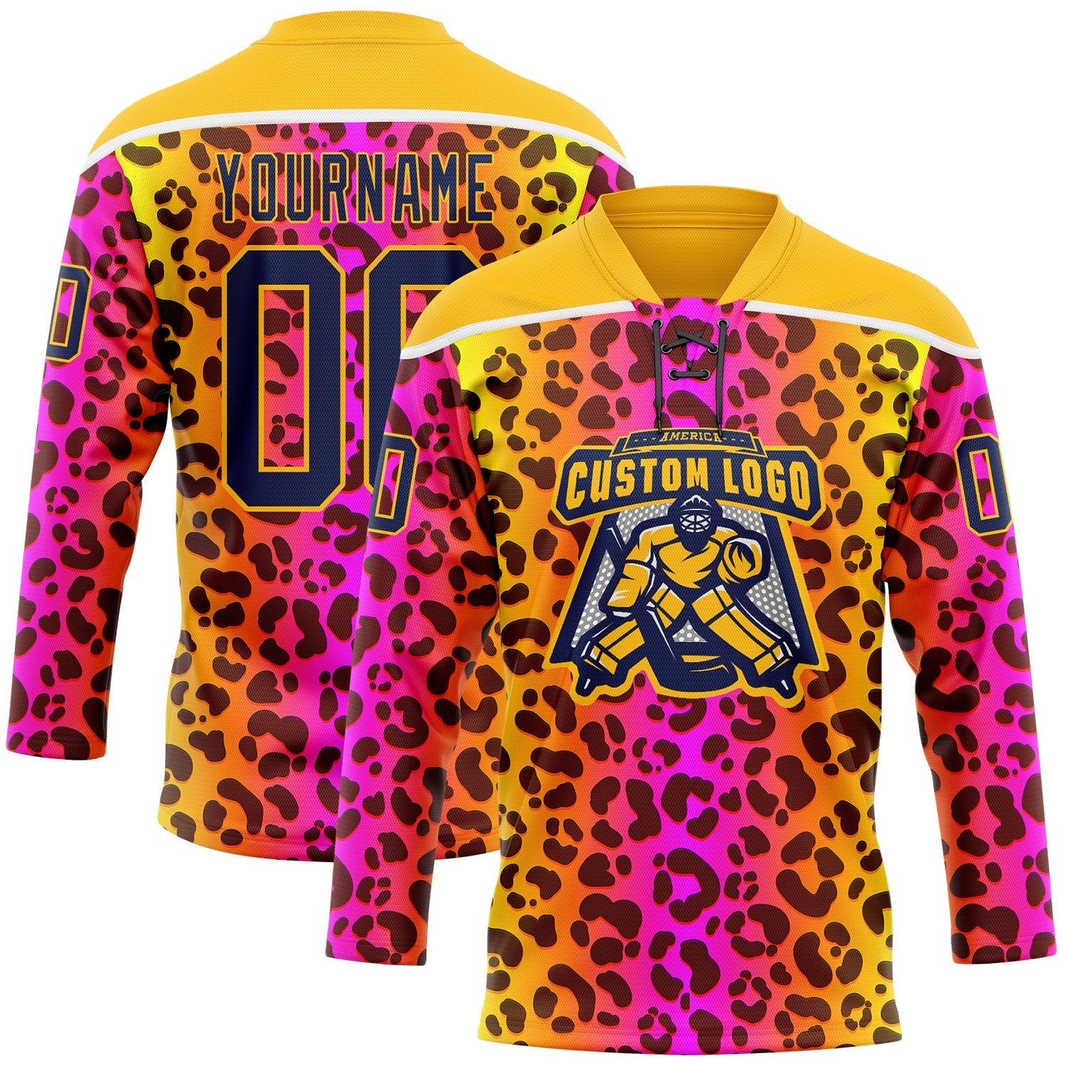 Custom Gold Navy-Pink Leopard Print Neon Hockey Lace Neck Jersey view 2