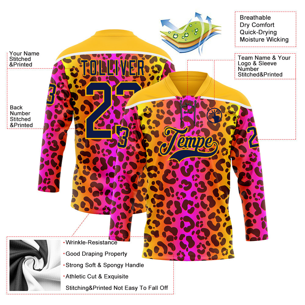 Custom Gold Navy-Pink Leopard Print Neon Hockey Lace Neck Jersey view 5