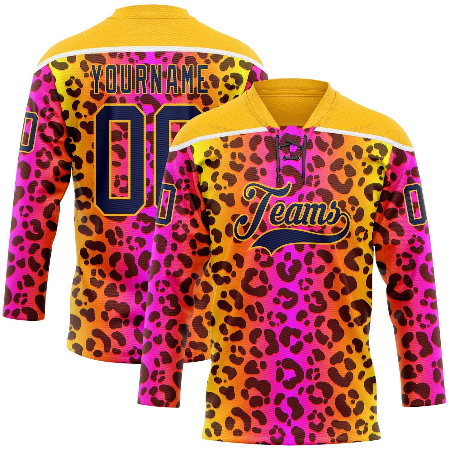 Custom Gold Navy-Pink Leopard Print Neon Hockey Lace Neck Jersey - Main View