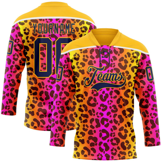 Custom Gold Navy-Pink Leopard Print Neon Hockey Lace Neck Jersey - Main View