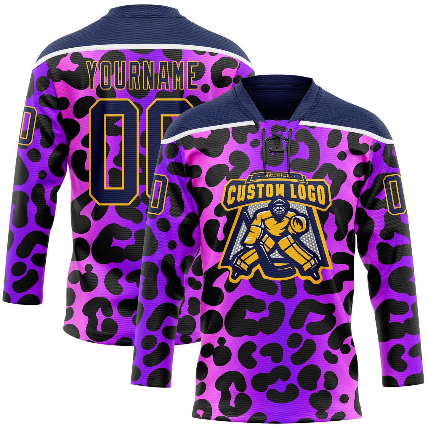Custom Purple Navy Pink-Gold Leopard Print Neon Hockey Lace Neck Jersey view 2