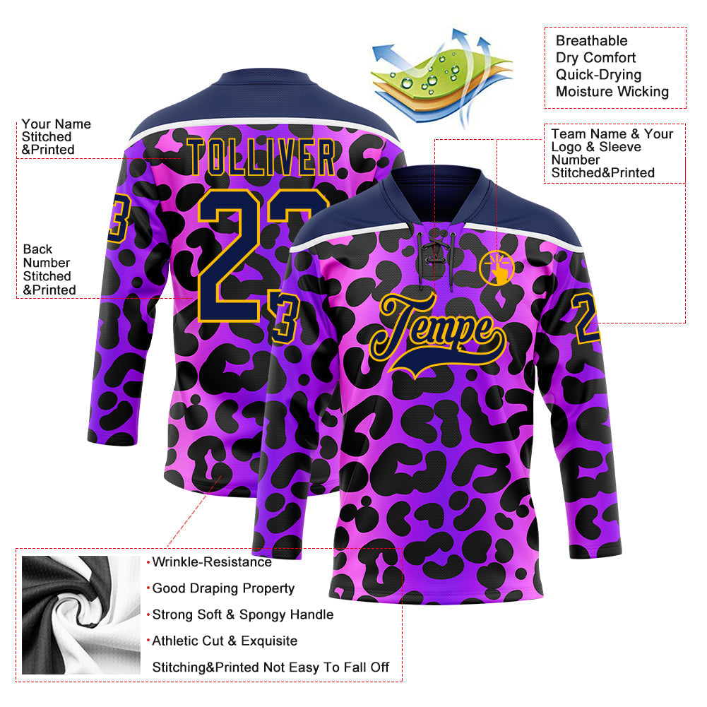 Custom Purple Navy Pink-Gold Leopard Print Neon Hockey Lace Neck Jersey view 5