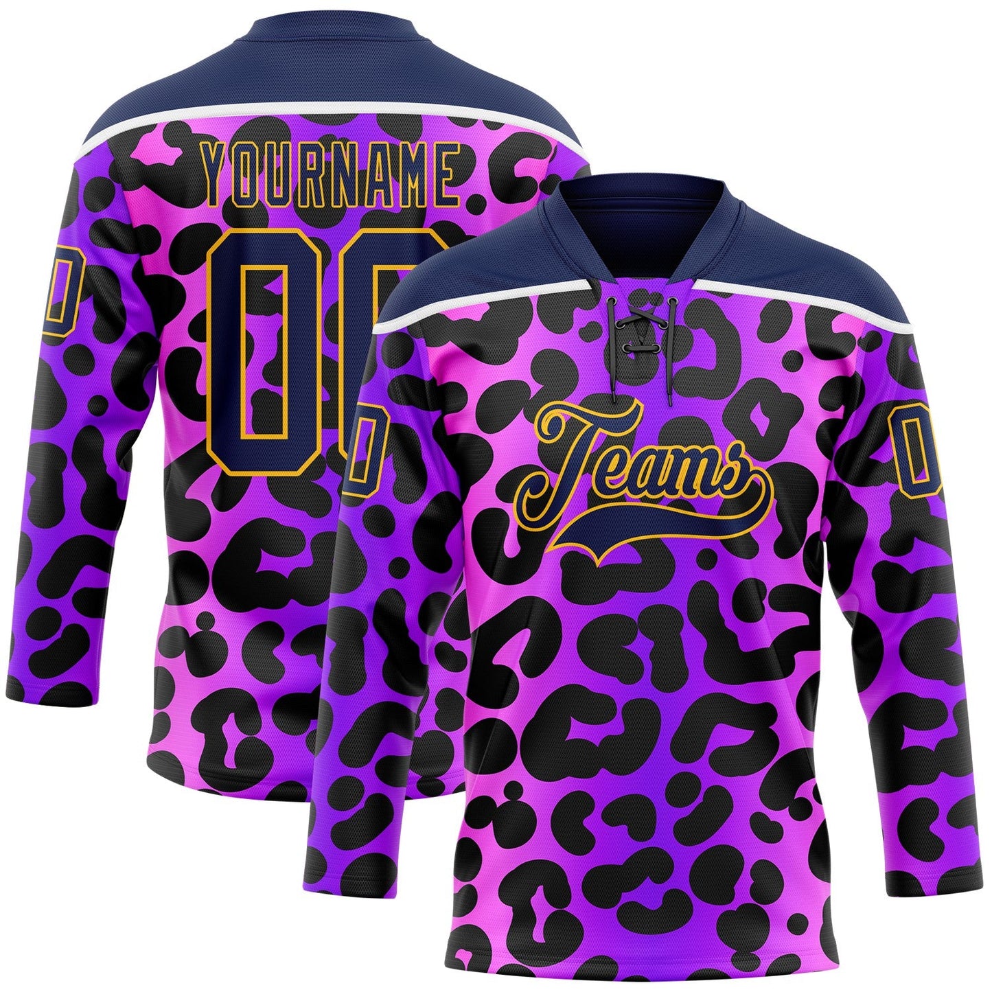 Custom Purple Navy Pink-Gold Leopard Print Neon Hockey Lace Neck Jersey - Main View