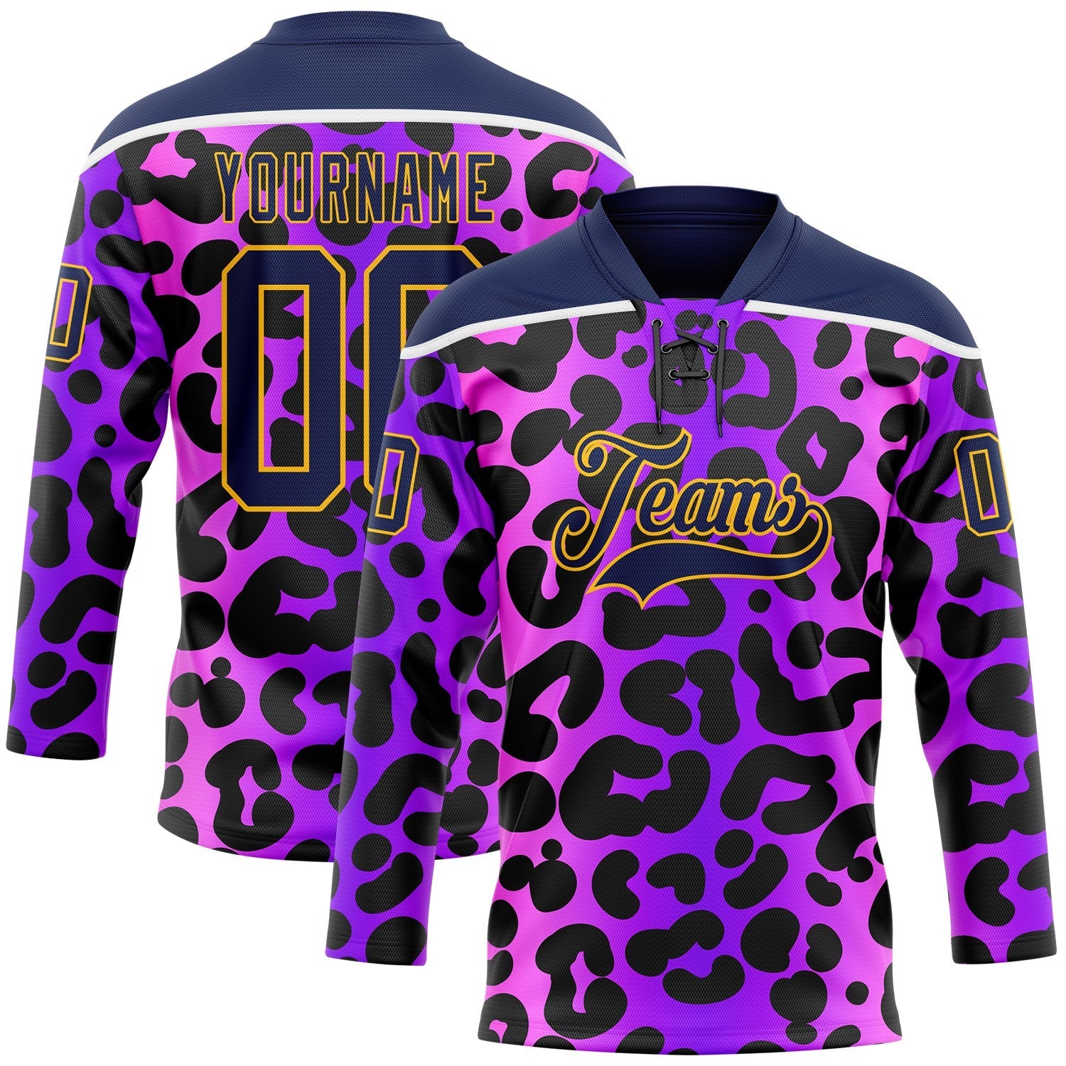 Custom Purple Navy Pink-Gold Leopard Print Neon Hockey Lace Neck Jersey - Main View