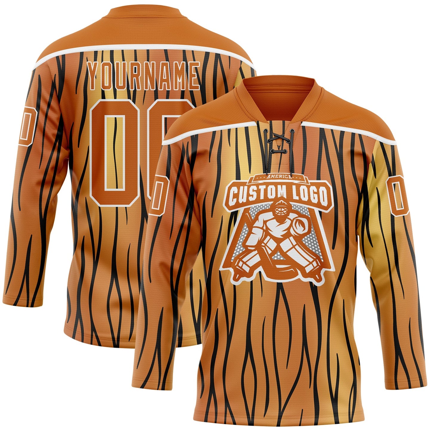 Custom Texas Orange Black-White Tiger Print Hockey Lace Neck Jersey view 2