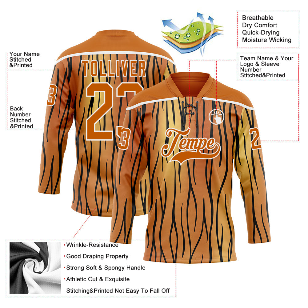 Custom Texas Orange Black-White Tiger Print Hockey Lace Neck Jersey view 5