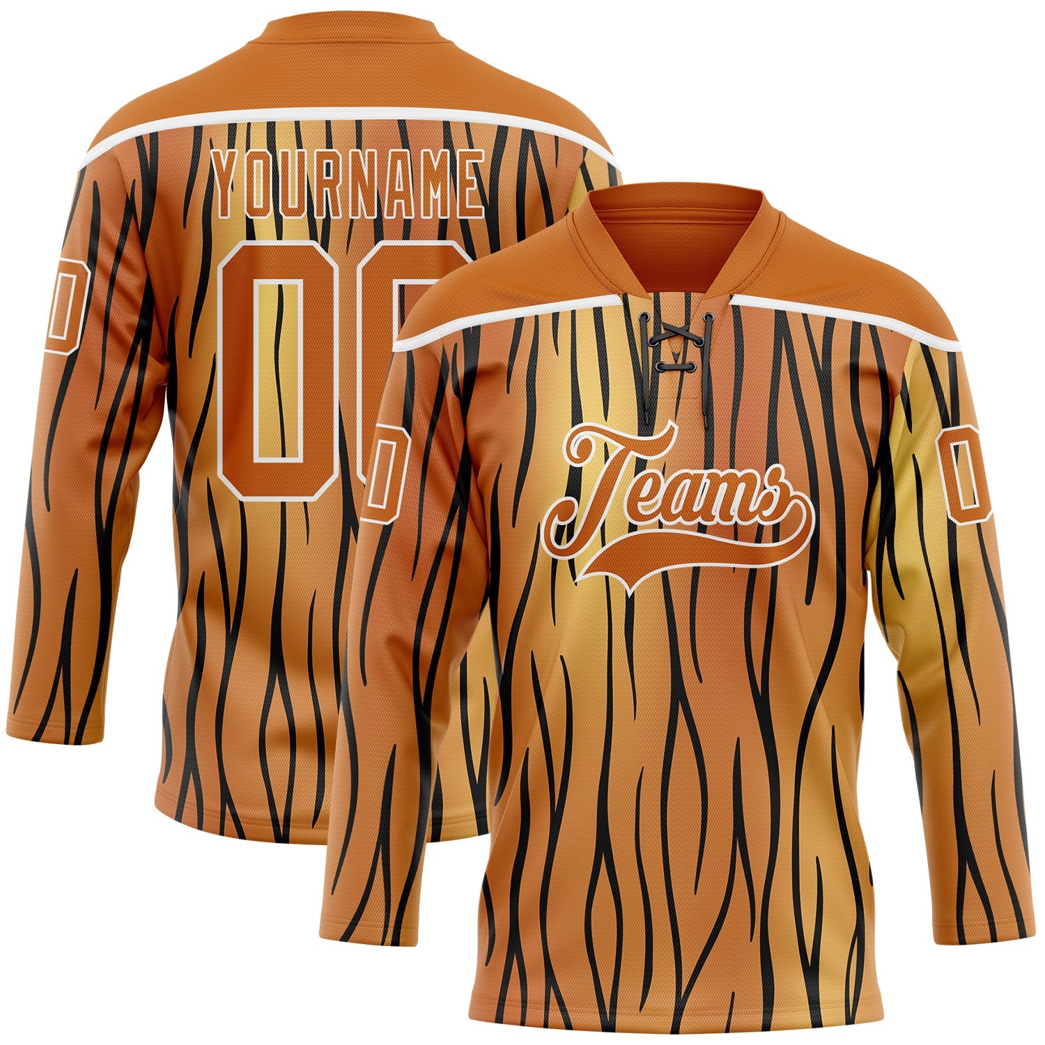 Custom Texas Orange Black-White Tiger Print Hockey Lace Neck Jersey - Main View